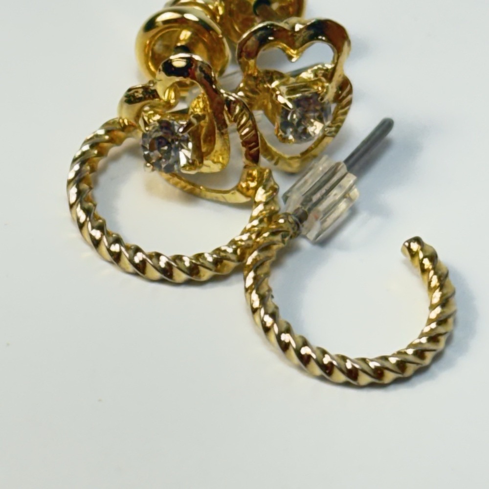 Earring Set Gold Heart Studs and Twisted Rope Hoops Clear Rhinestone Accents